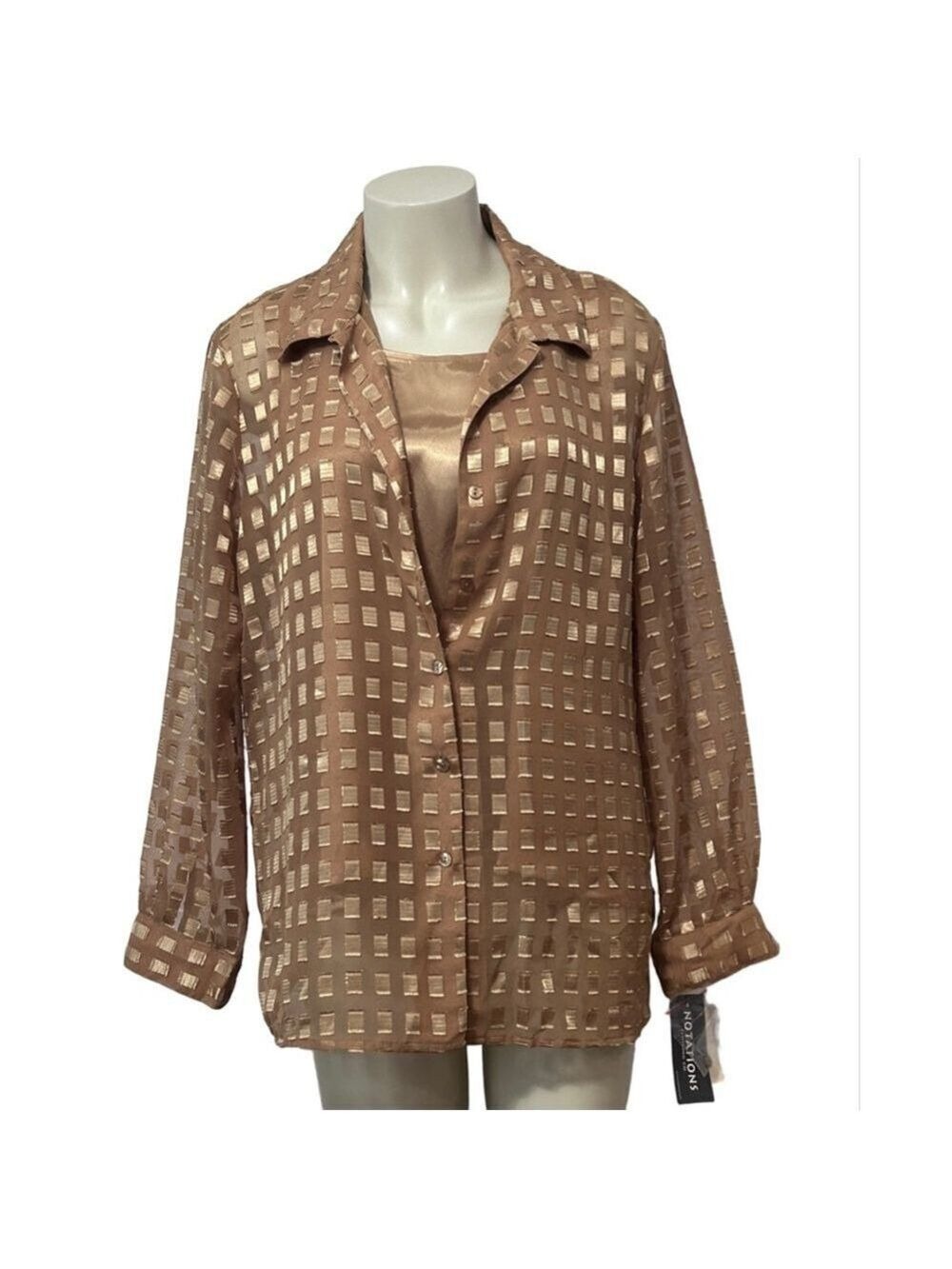 Notations Bronze Gold Sheer Blouse & Satin Tank Top Set Size L NWT